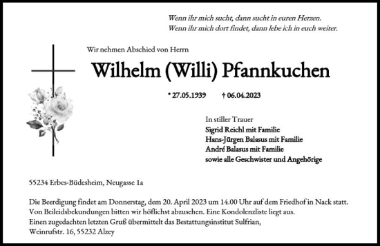 Traueranzeige von Wilhelm Pfannkuchen von Allgemeine Zeitung Alzey