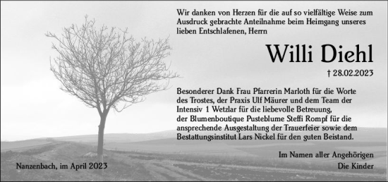 Traueranzeige von Willi Diehl von Dill Block