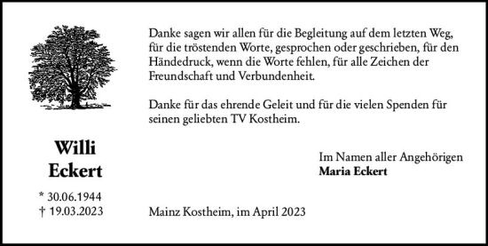 Traueranzeige von Willi Eckert von Allgemeine Zeitung Mainz