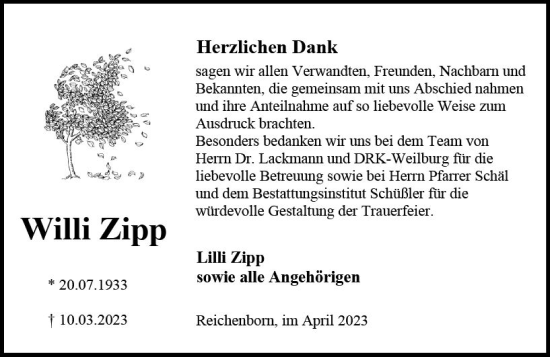Traueranzeige von Willi Zipp von Weilburger Tageblatt