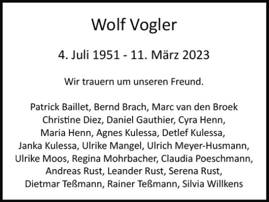 Traueranzeige von Wolf Vogler von Wiesbadener Kurier