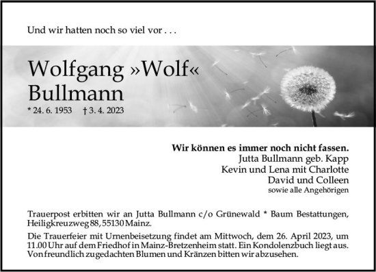Traueranzeige von Wolfgang Bullmann von Allgemeine Zeitung Mainz