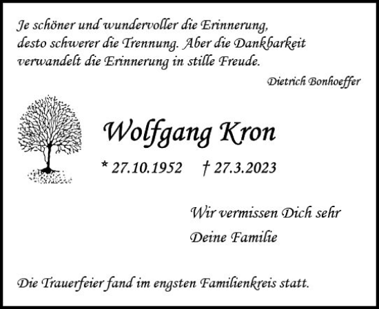 Traueranzeige von Wolfgang Kron von Allgemeine Zeitung Mainz