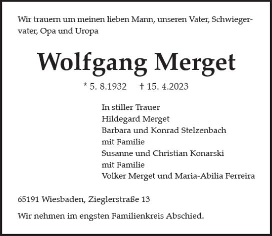 Traueranzeige von Wolfgang Merget von Wiesbadener Kurier