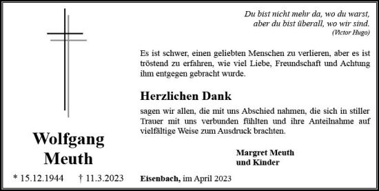 Traueranzeige von Wolfgang Meuth von Camberger Anzeiger