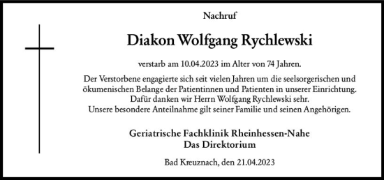Traueranzeige von Wolfgang Rychlewski von Allgemeine Zeitung Bad Kreuznach