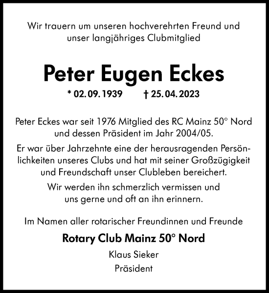 Traueranzeige von Peter Eugen Eckes von Allgemeine Zeitung Mainz