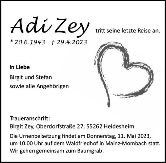 Traueranzeige von Adi Zey von Allgemeine Zeitung Bingen/Ingelheim