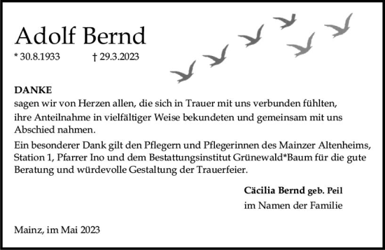 Traueranzeige von Adolf Bernd von Allgemeine Zeitung Mainz