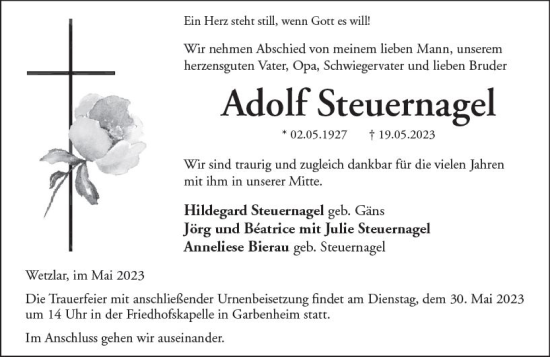 Traueranzeige von Adolf Steuernagel von Wetzlarer Neue Zeitung