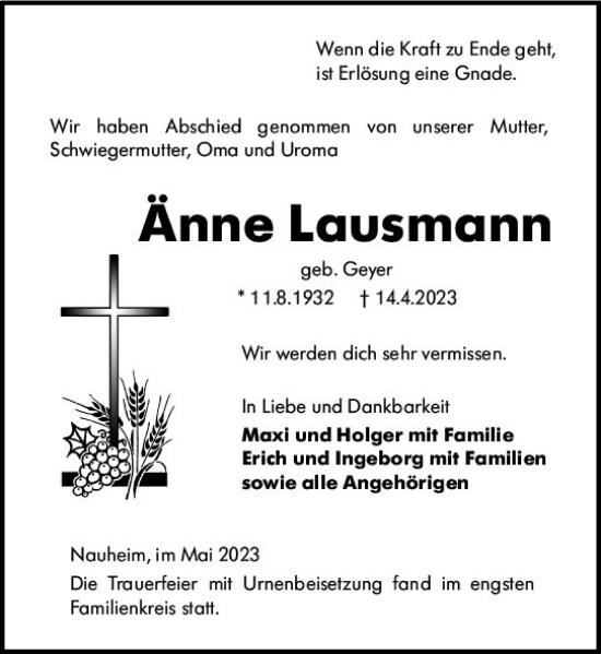 Traueranzeige von Änne Lausmann von Groß-Gerauer Echo