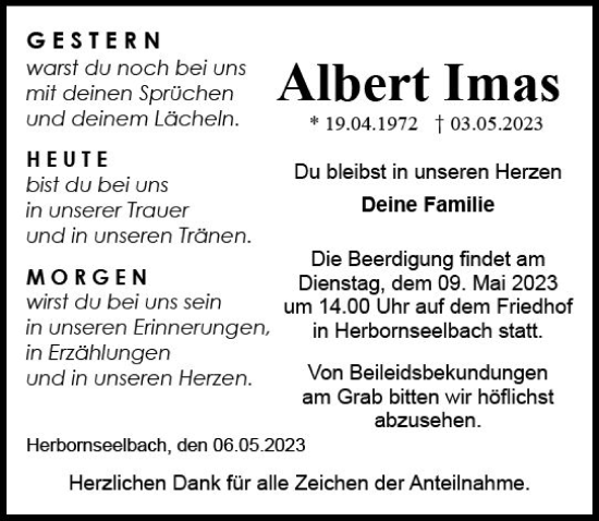 Traueranzeige von Albert Imas von Dill Block