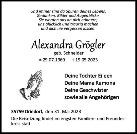 Traueranzeige von Alexandra Grögler von Dill Block