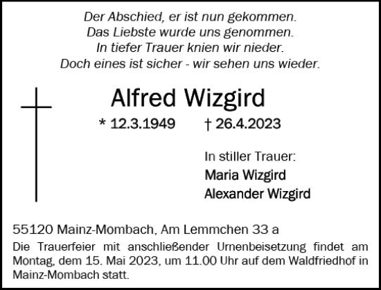 Traueranzeige von Alfred Wizgird von Allgemeine Zeitung Mainz