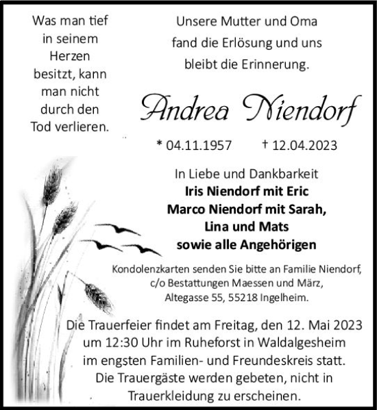 Traueranzeige von Andrea Niendorf von Bingen/Ingelheim WOBL inkl. Neue Binger Ztg.