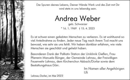 Traueranzeige von Andrea Weber von Wetzlarer Neue Zeitung