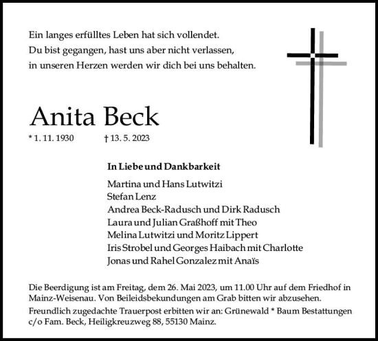 Traueranzeige von Anita Beck von Allgemeine Zeitung Mainz