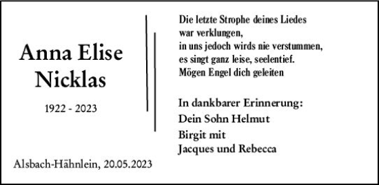 Traueranzeige von Anna Elise Nicklas von Darmstädter Echo