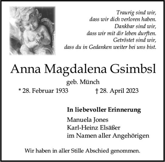 Traueranzeige von Anna Magdalena Gsimbsl von Allgemeine Zeitung Mainz