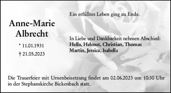 Traueranzeige von Anne-Marie Albrecht von Darmstädter Echo