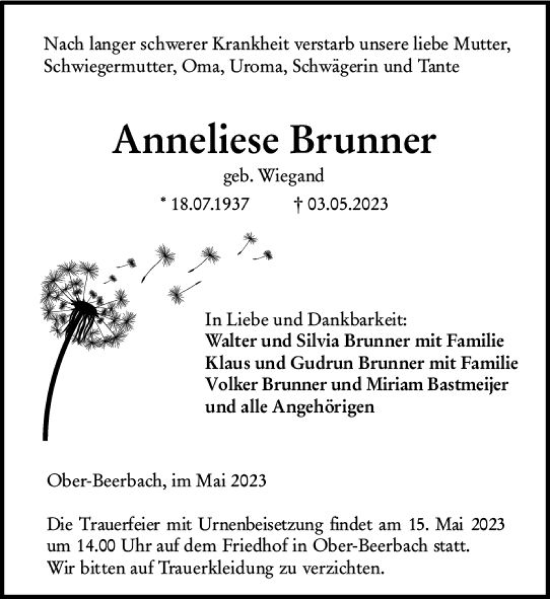 Traueranzeige von Anneliese Brunner von Darmstädter Echo