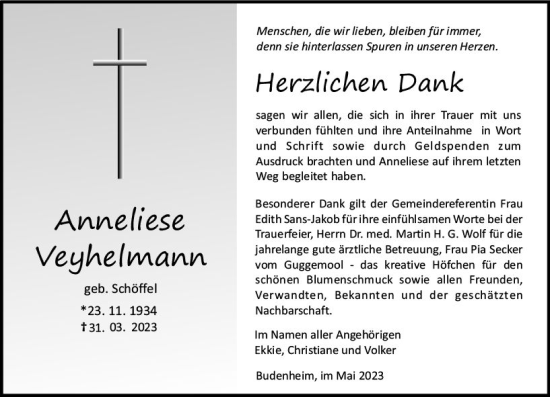 Traueranzeige von Anneliese Veyhelmann von Allgemeine Zeitung Bingen/Ingelheim