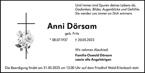 Traueranzeige von Anni Dörsam von Starkenburger Echo