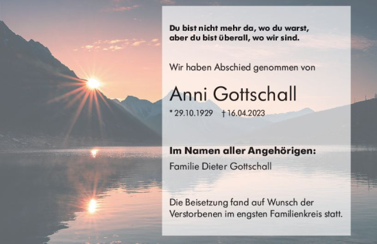 Traueranzeige von Anni Gottschall von Wetzlarer Neue Zeitung