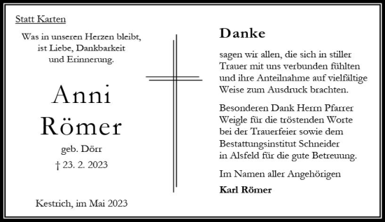 Traueranzeige von Anni Römer von Oberhessen Kurier