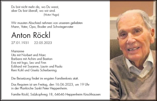 Traueranzeige von Anton Röckl von Bergsträßer Anzeiger
