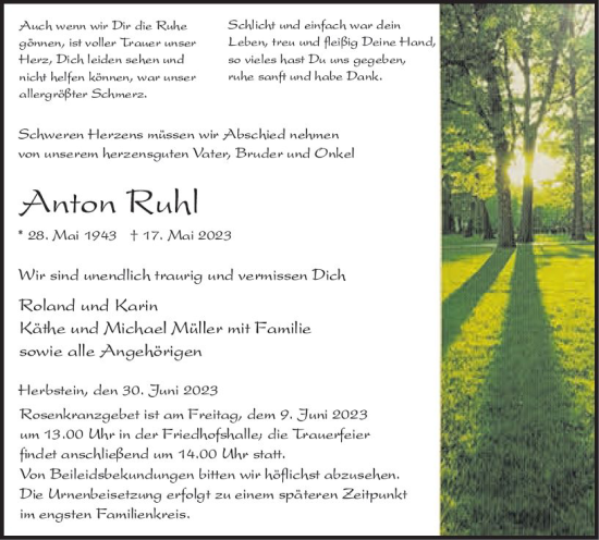 Traueranzeige von Anton Ruhl von VRM Trauer