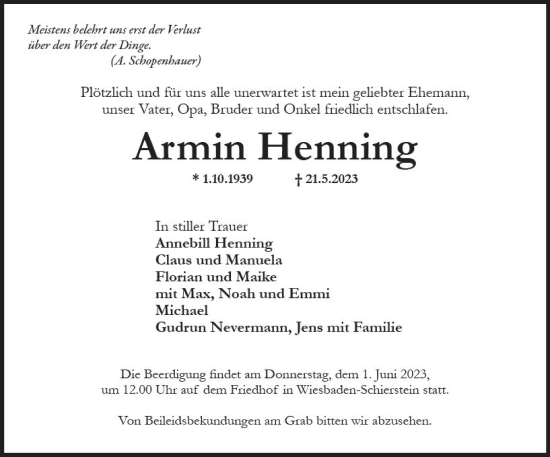 Traueranzeige von Armin Henning von Wiesbadener Kurier