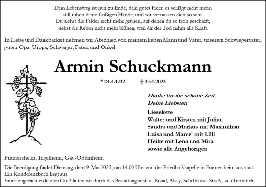 Traueranzeige von Armin Schuckmann von Allgemeine Zeitung Alzey