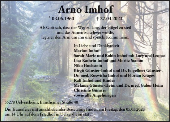 Traueranzeige von Arno Imhof von Allgemeine Zeitung Mainz
