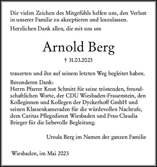 Traueranzeige von Arnold Berg von Wiesbadener Kurier