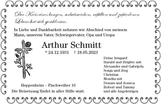 Traueranzeige von Arthur Schmitt von Starkenburger Echo