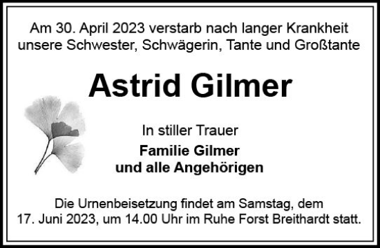 Traueranzeige von Astrid Gilmer von Idsteiner Land/Untertaunus
