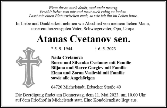 Traueranzeige von Atanas Cvetanov von Odenwälder Echo