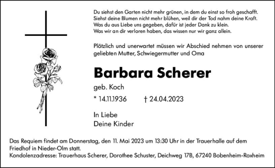 Traueranzeige von Barbara Scherer von Allgemeine Zeitung Mainz