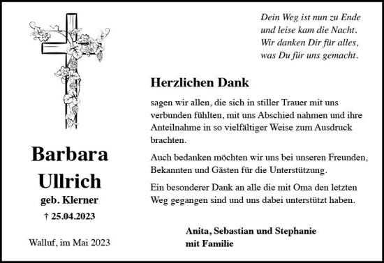 Traueranzeige von Barbara Ullrich von Wiesbadener Kurier
