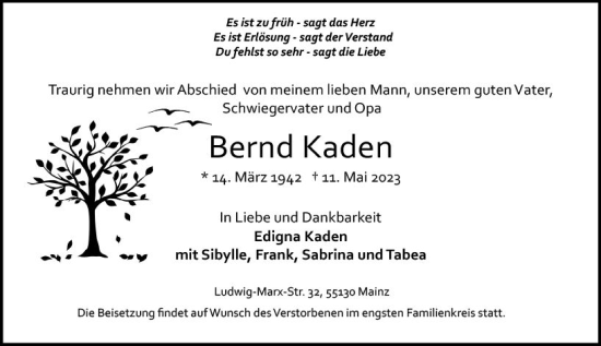 Traueranzeige von Bernd Kaden von Allgemeine Zeitung Mainz