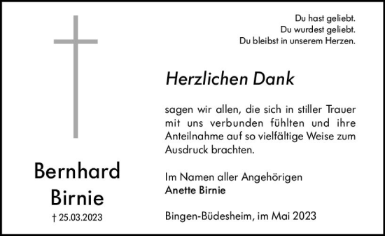 Traueranzeige von Bernhard Birnie von Allgemeine Zeitung Bingen/Ingelheim
