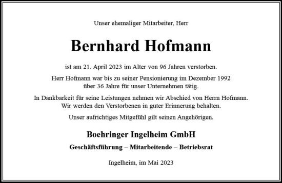Traueranzeige von Bernhard Hofmann von Allgemeine Zeitung Bingen/Ingelheim