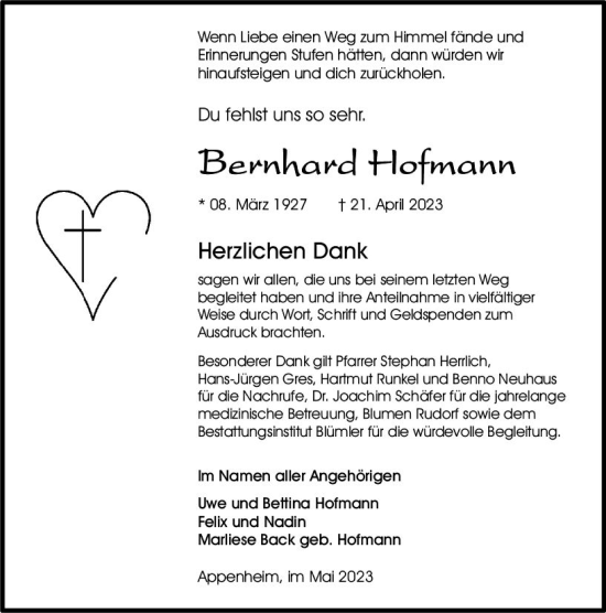 Traueranzeige von Bernhard Hofmann von Allgemeine Zeitung Bingen/Ingelheim