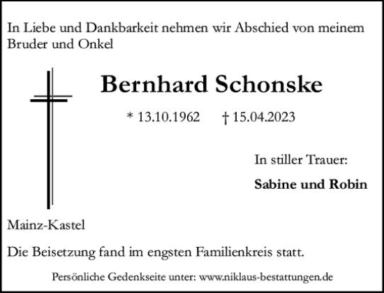 Traueranzeige von Bernhard Schonske von Wiesbadener Kurier