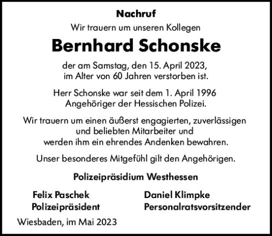 Traueranzeige von Bernhard Schonske von Wiesbadener Kurier