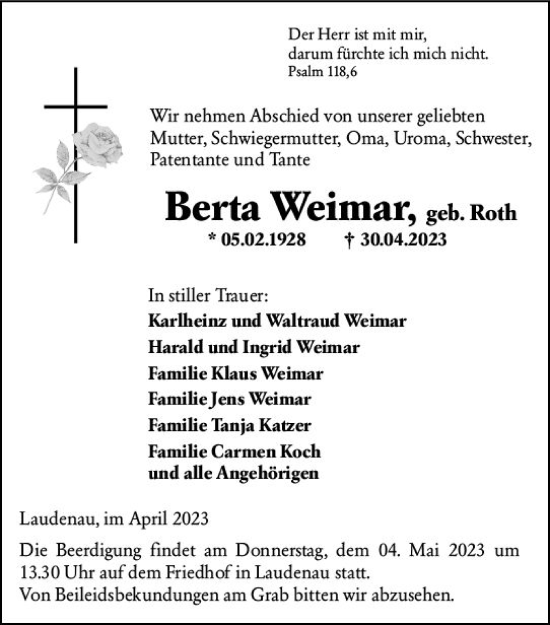 Traueranzeige von Berta Weimar von Odenwälder Echo