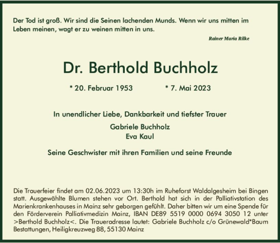 Traueranzeige von Berthold Buchholz von Allgemeine Zeitung Bingen/Ingelheim