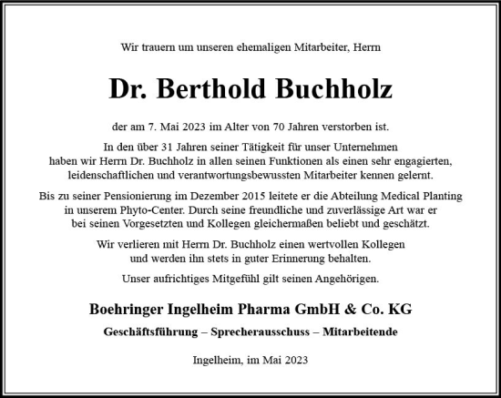 Traueranzeige von Berthold Buchholz von Allgemeine Zeitung Bingen/Ingelheim