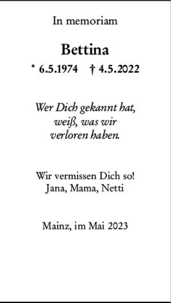 Traueranzeige von Bettina  von Allgemeine Zeitung Mainz